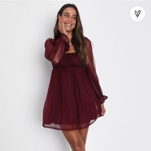 LuLu’s Dreamy Sweetness Burgundy Swiss Dot Ruffled Mini Babydoll Dress